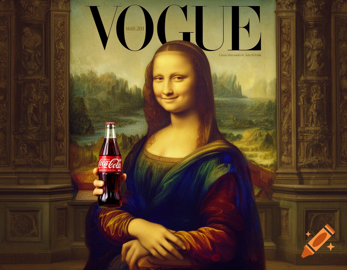 Mona Lisa smiling on a Vogue magazine cover, holding a Coca-Cola bottle against her original Renaissance landscape background.