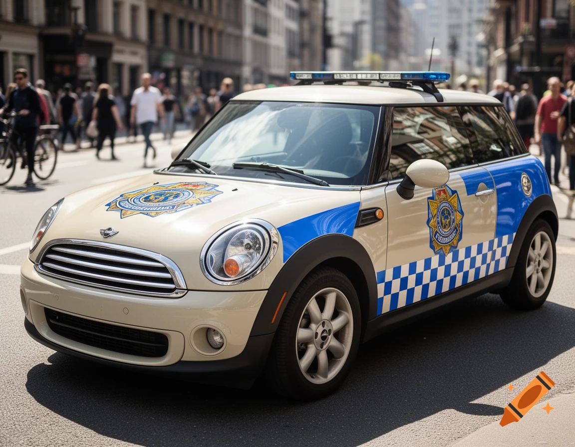 A beige and blue Mini Cooper police car with emblems on the hood and side, parked on a city street with people in the background.