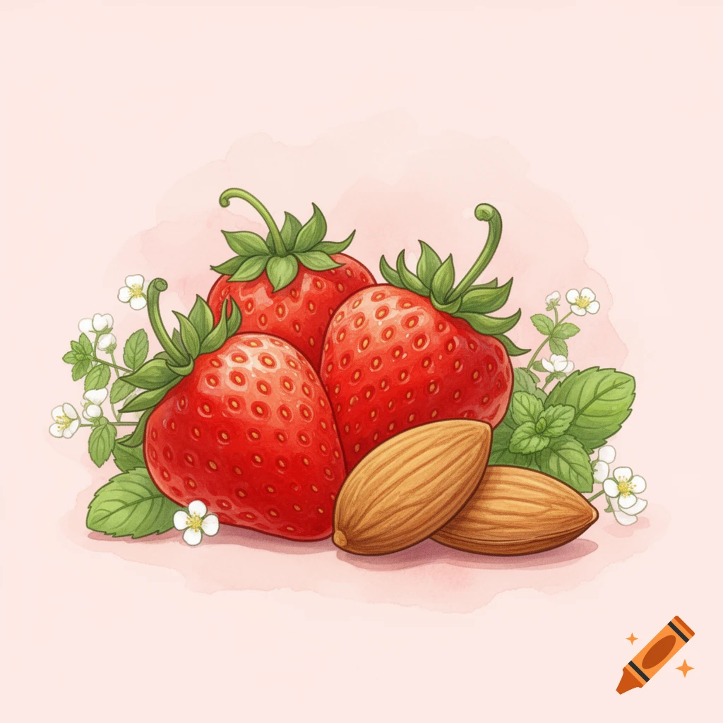 Watercolor illustration of three red strawberries, two almonds, small white flowers, and green mint leaves on a light pink background.