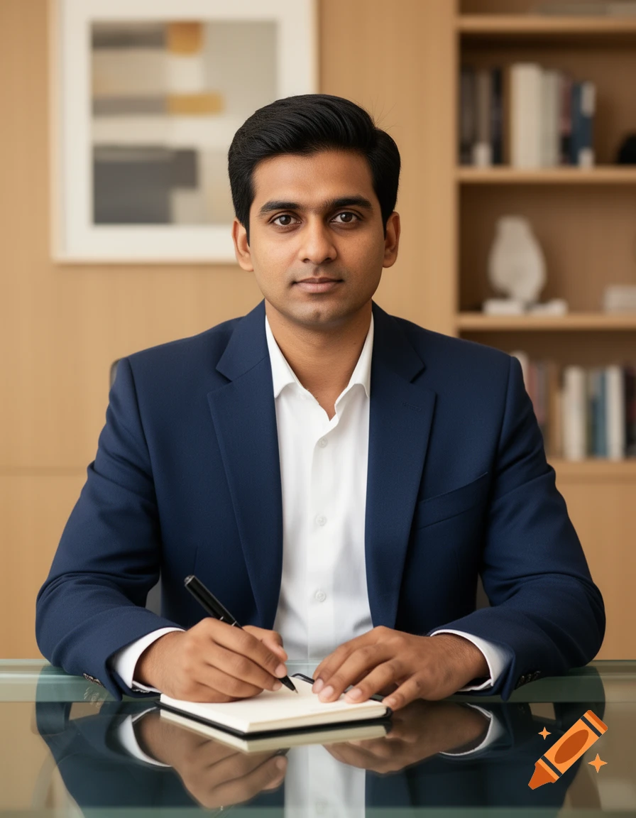 A professional man in a blue suit writes in a notebook at a desk, looking directly ahead, with an office background.
