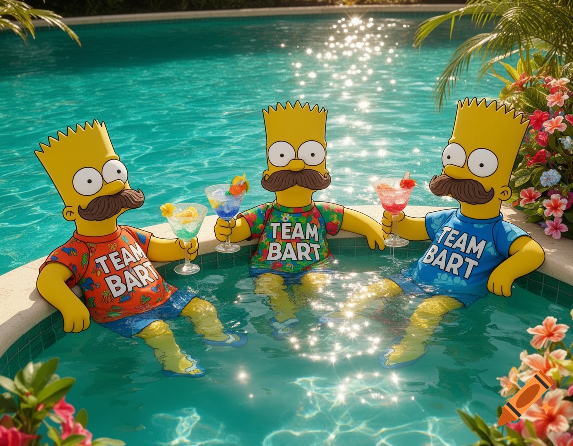 Three mustachioed Bart Simpsons relaxing in a pool, wearing "Team Bart" shirts and holding cocktails, with tropical plants around.