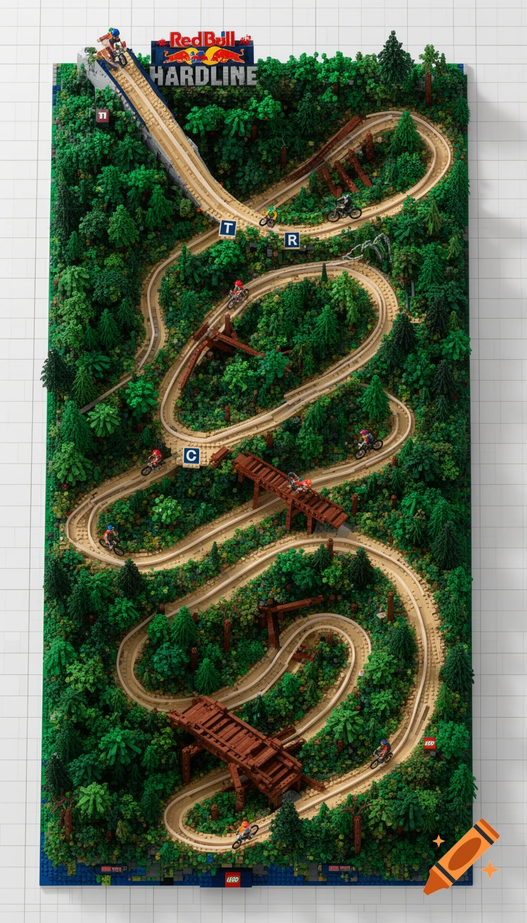 An aerial view of a detailed LEGO mountain bike track for Red Bull Hardline, featuring ramps, bridges, jumps, and turns through a dense green forest, with small bike figures.