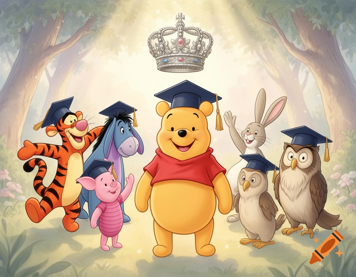 Winnie the Pooh and friends, including Tigger, Eeyore, Piglet, Rabbit, and two owls, smile in graduation hats under a crown in a cheerful forest.