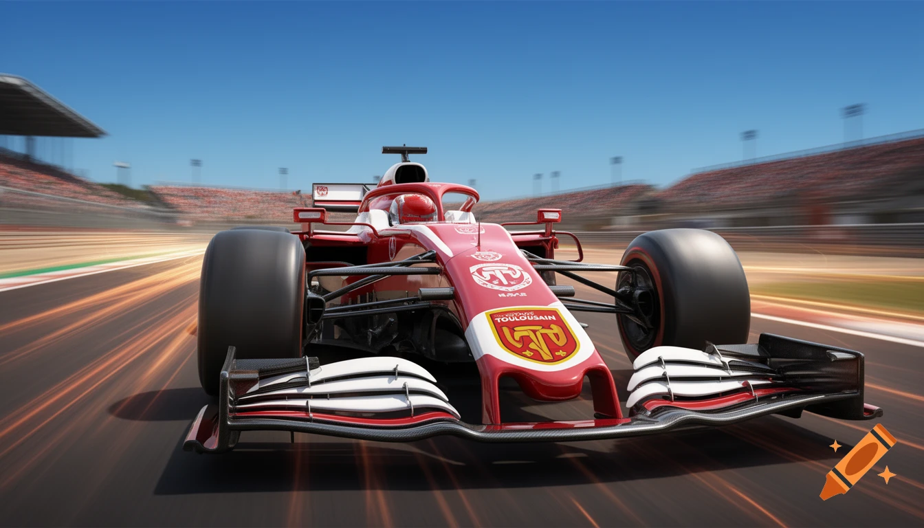 A red and white Formula 1 car with Stade Toulousain logos speeds down a race track with motion blur.