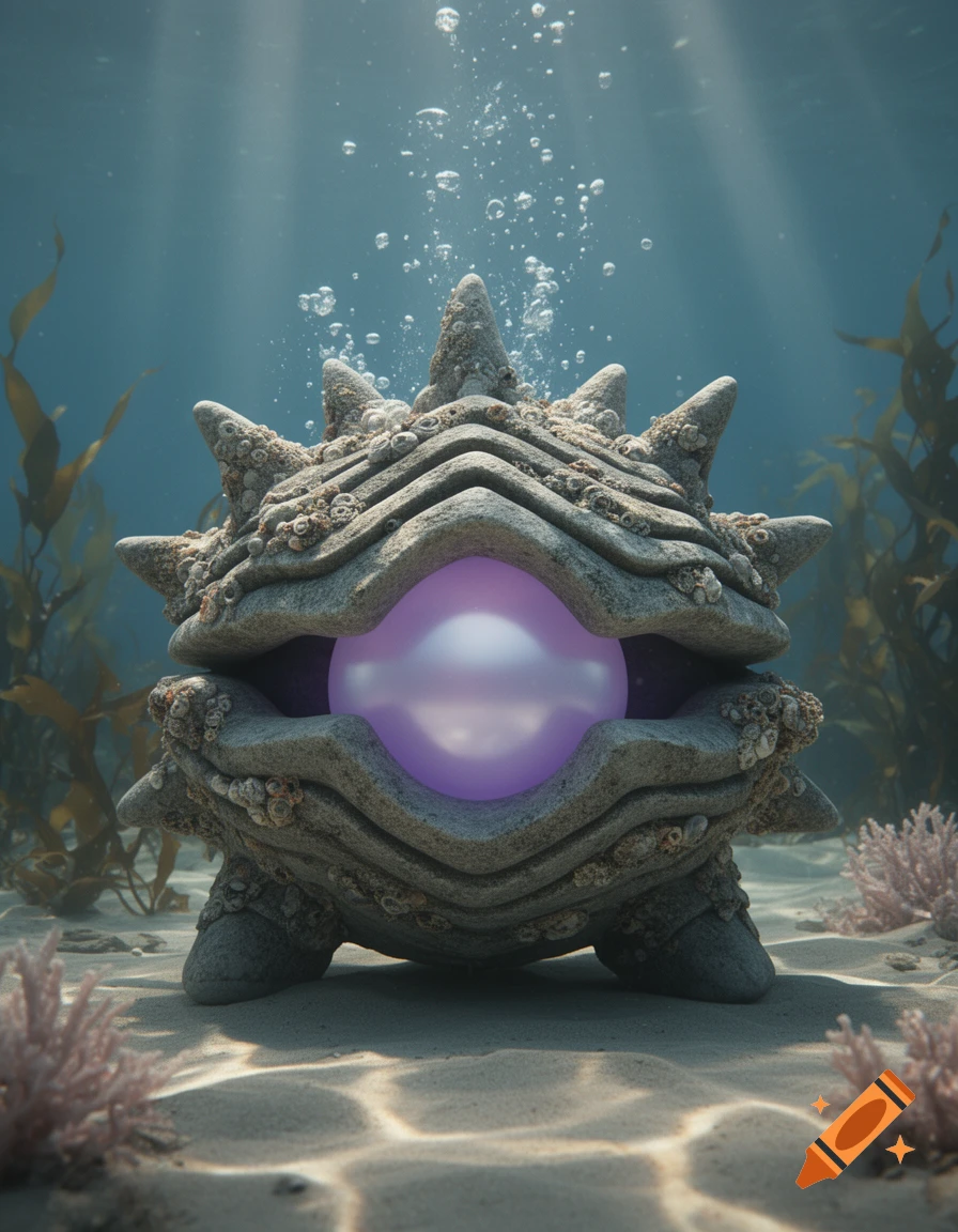 A spiky, rock-like clam creature with a glowing purple pearl, resting on a sandy seabed with seaweed and bubbles underwater.