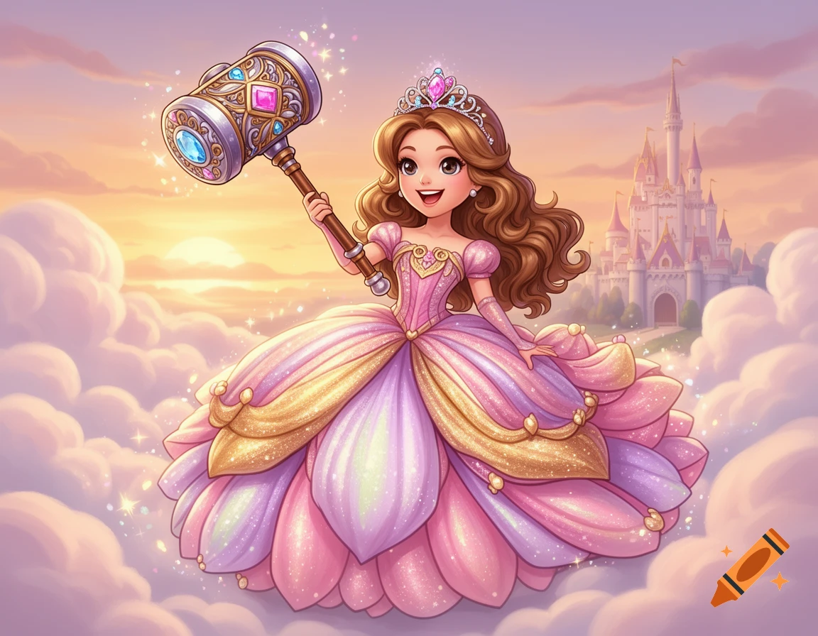 A smiling cartoon princess with brown hair in a pink and gold poofy dress holds a large ornate hammer, standing on clouds with a castle in the background at sunset.