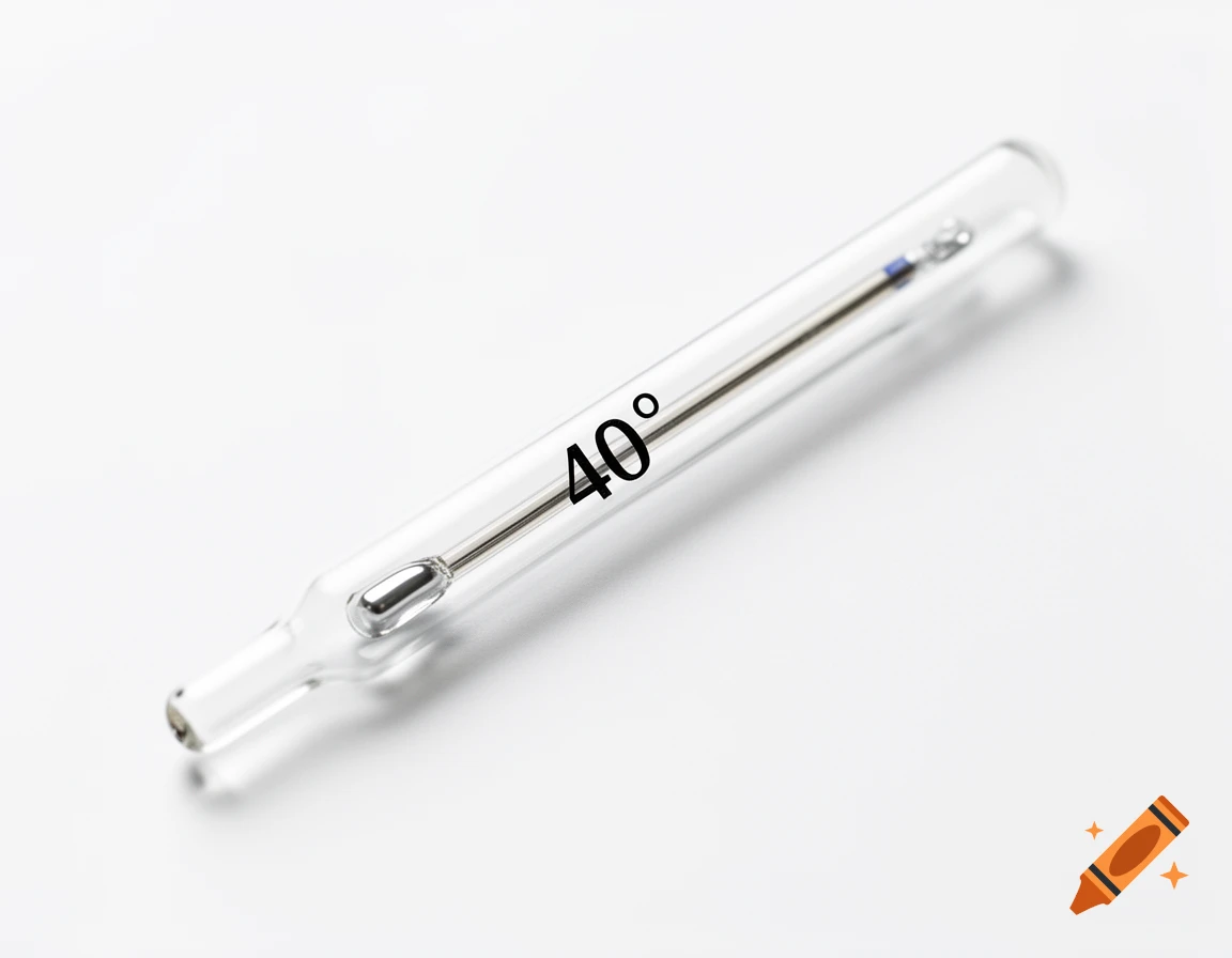 A close-up, photorealistic shot of a clear glass bulb thermometer displaying '40°' on a plain white background.