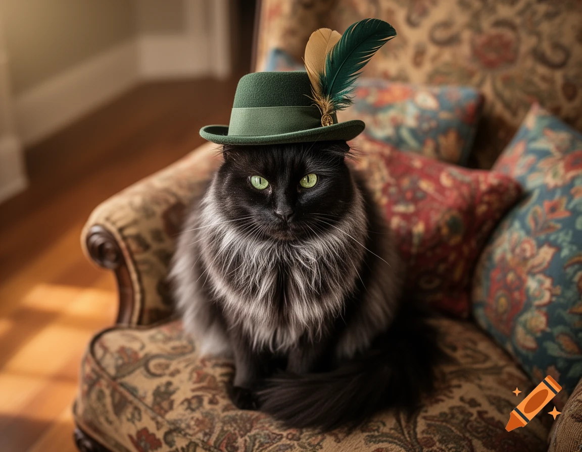 A fluffy black cat with bright green eyes sits on an ornate chair, wearing a green hat adorned with two feathers.
