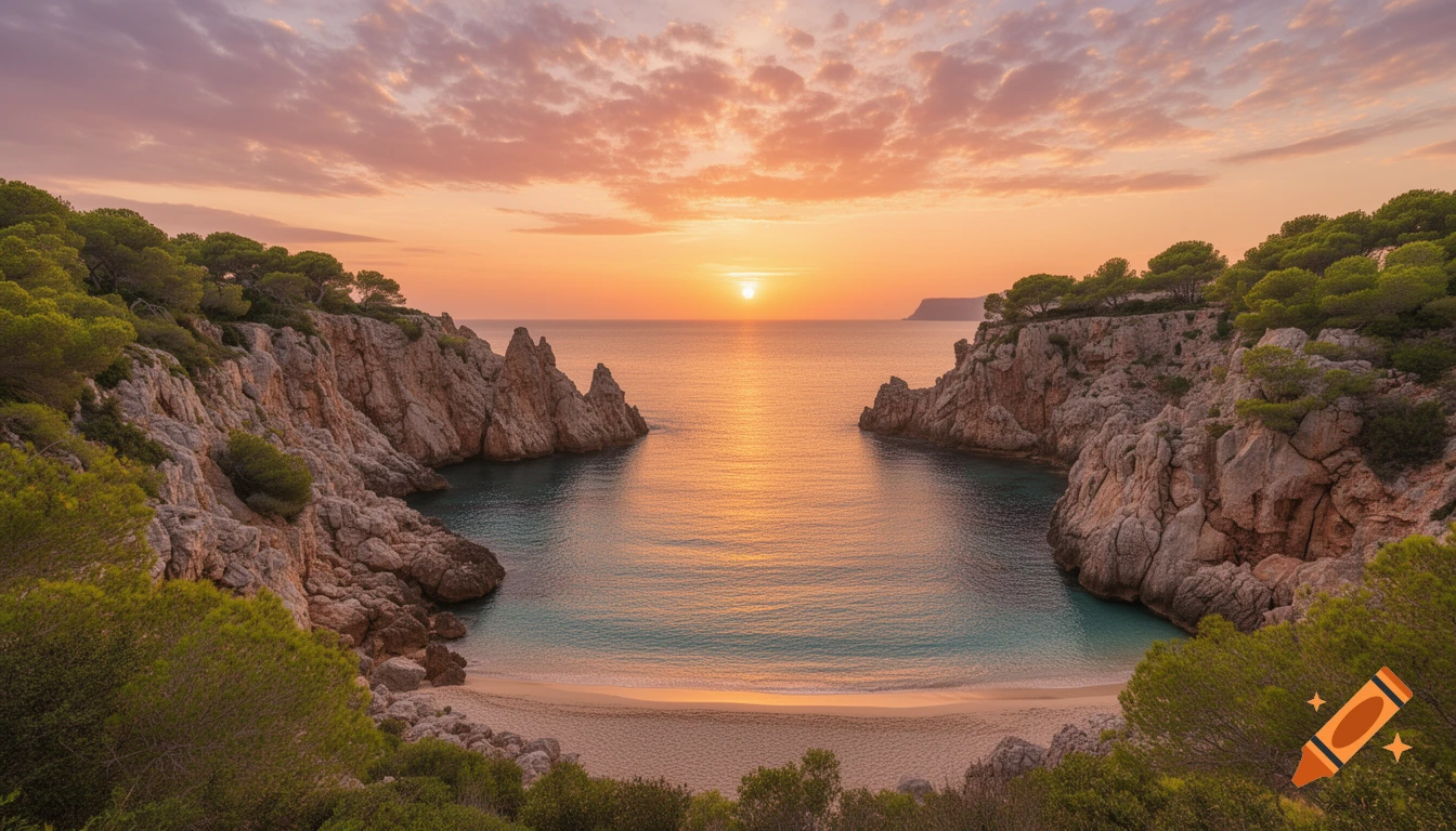 A picturesque bay surrounded by green cliffs at sunset, with calm turquoise waters reflecting the orange sky.
