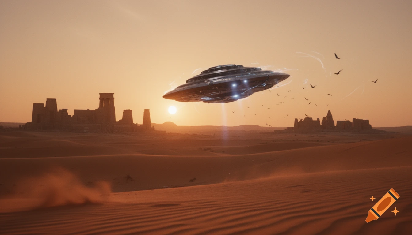 A UFO hovers above a vast, rippled desert landscape with ancient ruins in the distance under an orange sunset.
