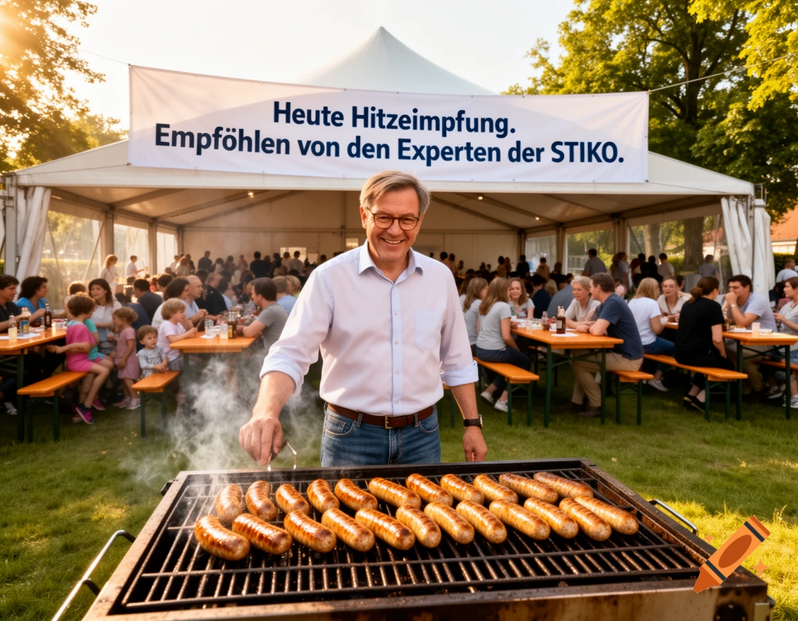 A smiling man grills sausages at an outdoor event in front of a tent full of people, with a banner above.
