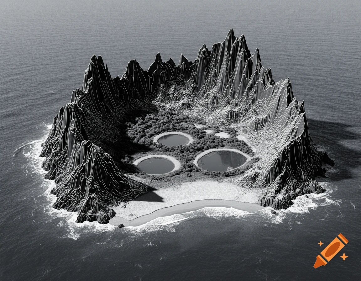 A grayscale aerial view of a stylized fantasy island, resembling a heightmap, with jagged peaks, three small lakes, and a beach.