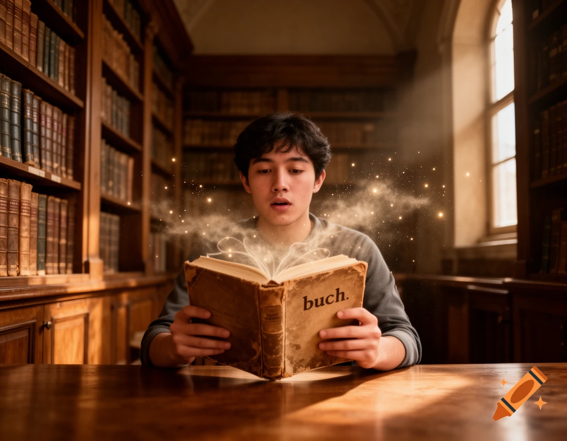 A young person with a surprised expression reads a glowing, magical book titled "buch" in an old library.