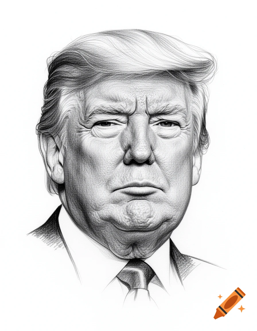 Black and white pencil sketch portrait of Donald Trump, featuring detailed graphite shading.