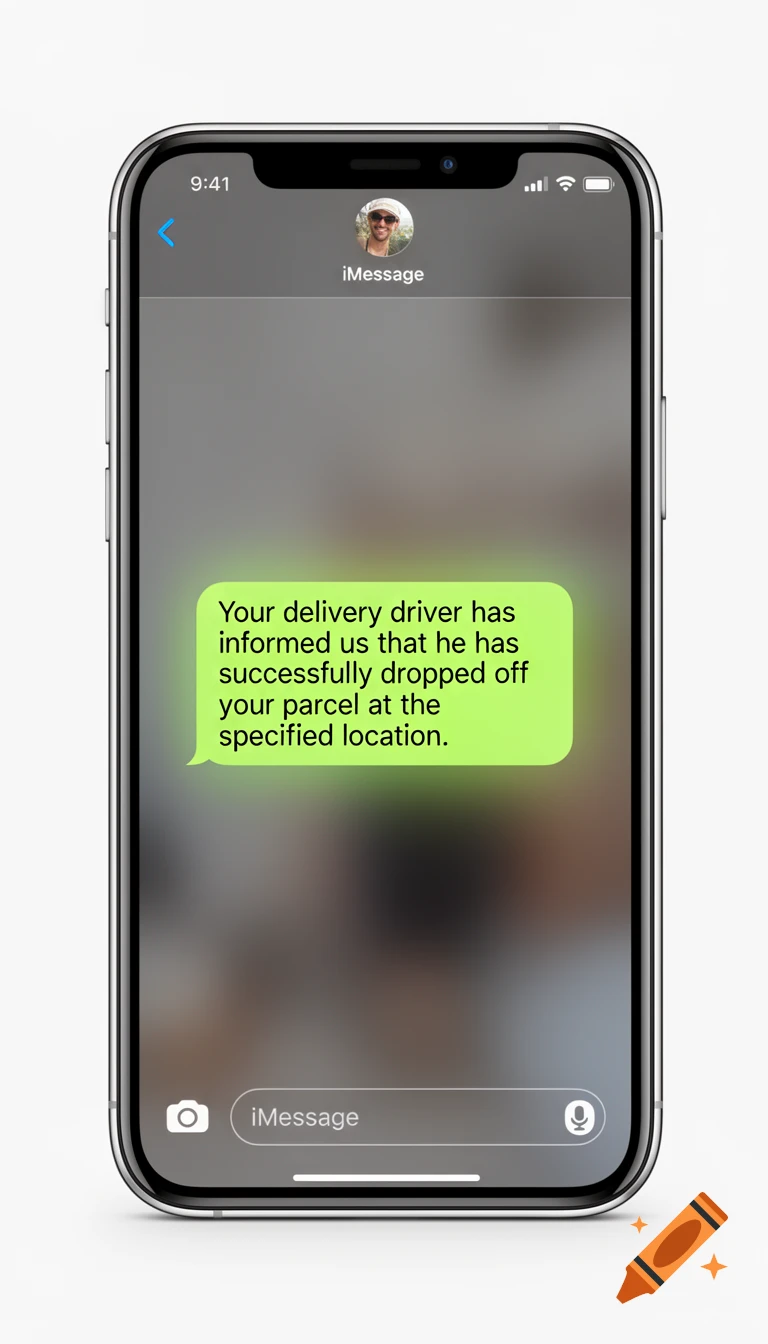 Close-up of an iPhone screen displaying an iMessage from 'iMessage' confirming a parcel delivery.