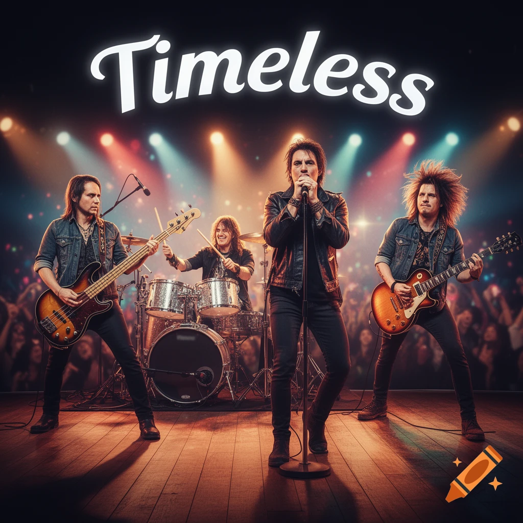A rock band featuring a bassist, drummer, vocalist, and guitarist performs on a brightly lit stage in front of a crowd, with 'Timeless' text above.