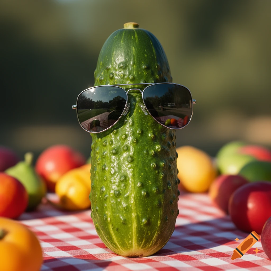 A photorealistic image of a green pickle wearing aviator sunglasses, sitting on a red and white checkered picnic blanket surrounded by fruits.