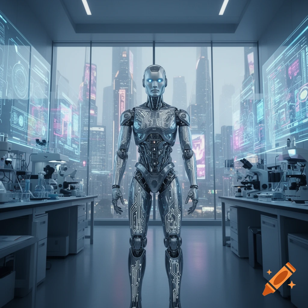 A metallic humanoid robot with glowing blue eyes stands in a futuristic laboratory overlooking a towering cityscape with holographic displays.
