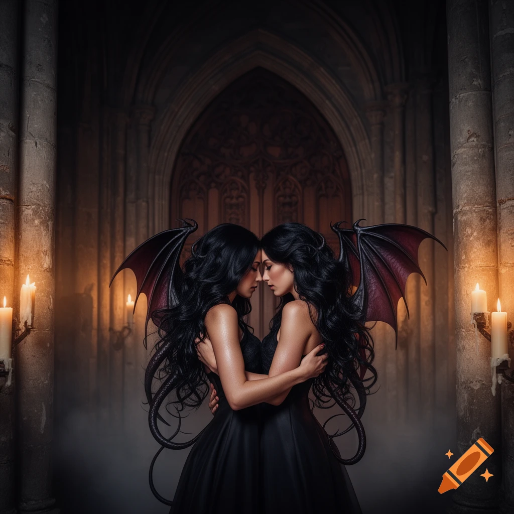 Two dark-haired women with bat-like wings embrace intimately in a candlelit gothic church archway.