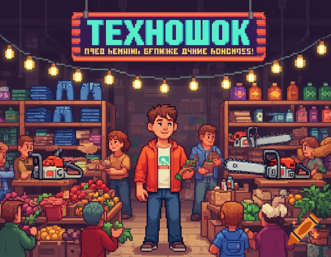 A pixel art image of a busy store. A prominent sign above reads "ТЕХНОШОК" with garbled text below it. People are shopping for items like jeans, produce, and chainsaws, creating a lively market scene.