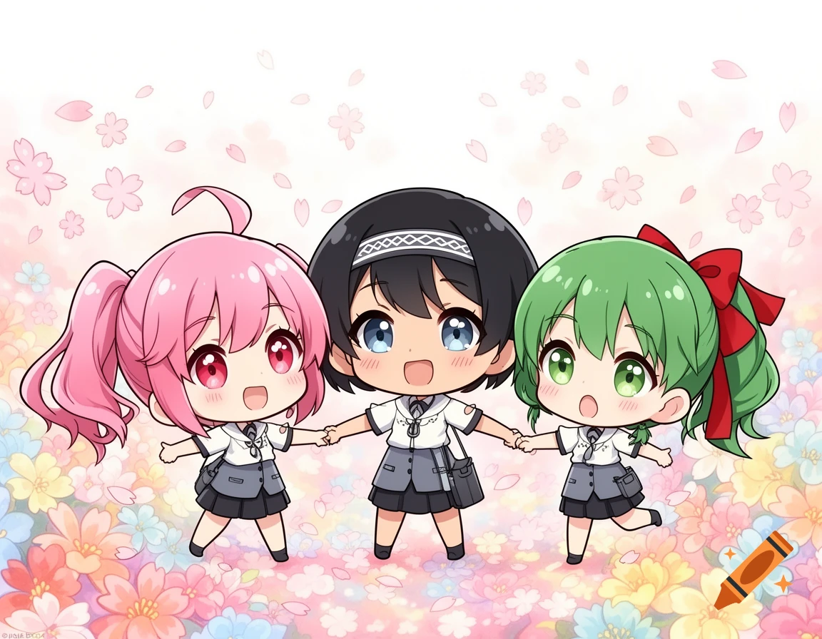 Three chibi anime girls with pink, black, and green hair hold hands, surrounded by colorful flowers and falling cherry blossoms.