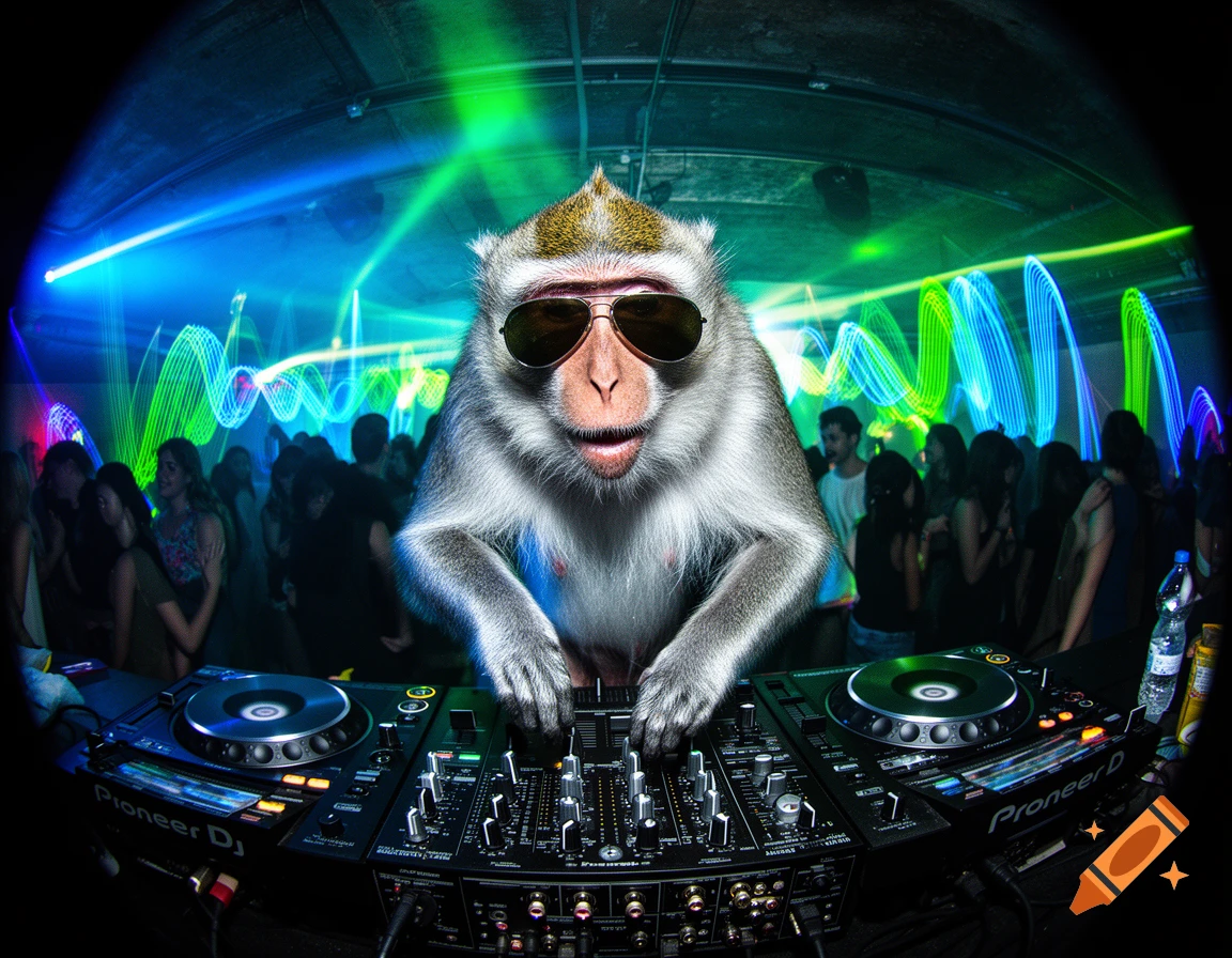 A monkey in sunglasses DJs at a vibrant nightclub with neon lights, captured with a fisheye lens.