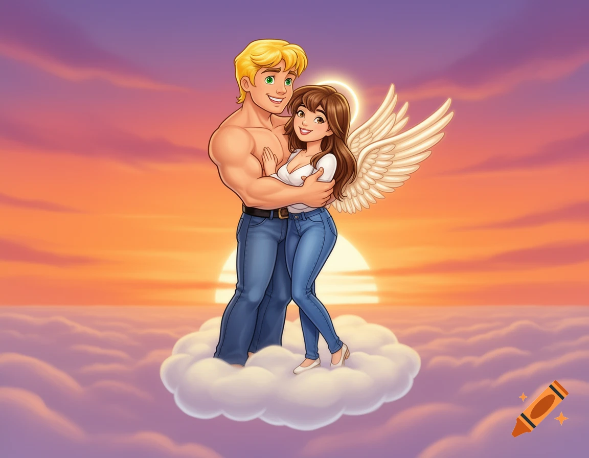 A cartoon muscular man and an angelic woman with wings embrace on a cloud against a sunset sky.
