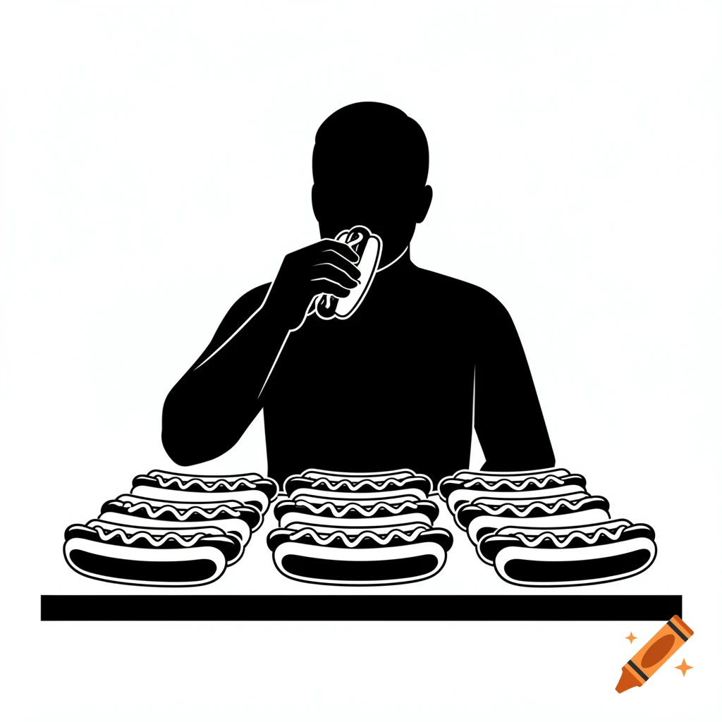 A black and white pictogram of a person eating a hotdog with several more hotdogs on a table in front of them.