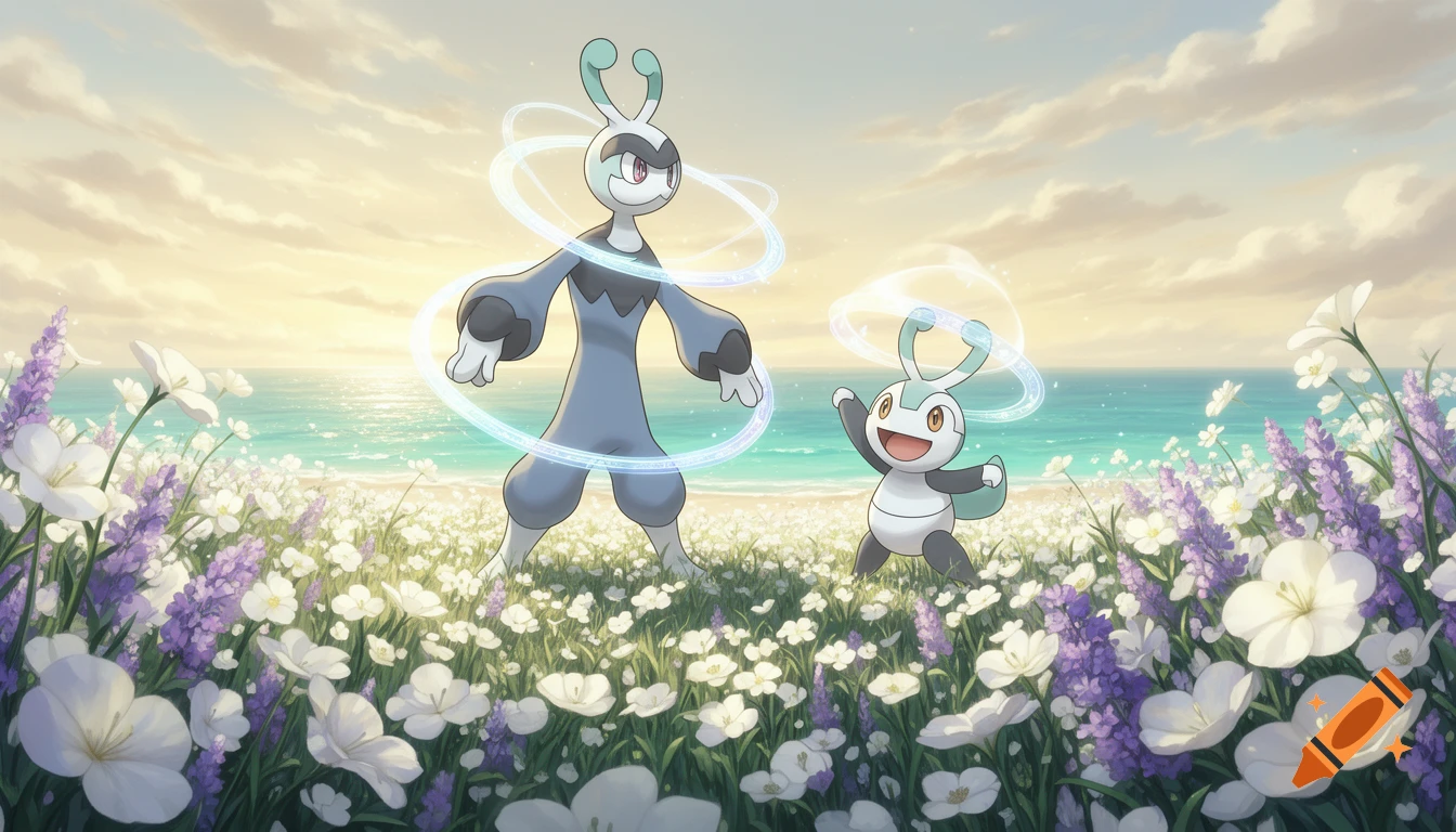 Two Hoopa-like Pokemon, one larger and one smaller, stand in a vibrant field of white and purple flowers by a tranquil turquoise sea under a soft, cloudy sky, in a detailed illustration style.