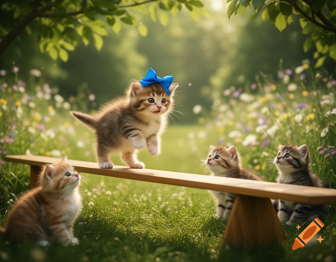 Kitten with a blue bow balances on a wooden beam in a sunny garden with other kittens watching. Photorealistic style.
