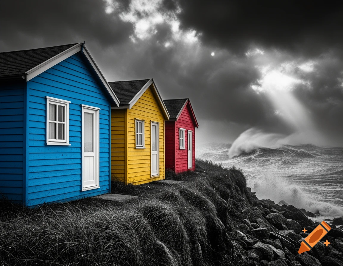 Photorealistic image of blue, yellow, and red seaside cabins on a stormy, grayscale coast with crashing waves.
