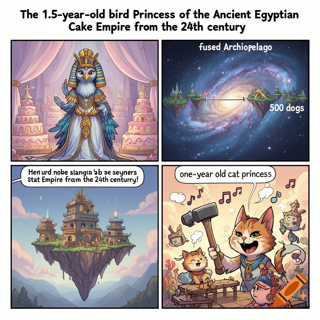 A four-panel gag comic. Top left: a bird princess in an Egyptian pharaoh outfit stands in a room with large pink cakes. Top right: floating islands with buildings in space near a galaxy, labeled "fused Archipelgao" and "500 dogs". Bottom left: a large ornate building on a floating island above a valley, with gibberish text. Bottom right: a cat princess holding a hammer, building a structure with other cats, labeled "one-year old cat princess".
