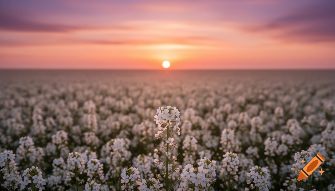 A vast field of small white flowers under a colorful sunset sky with the sun low on the horizon.
