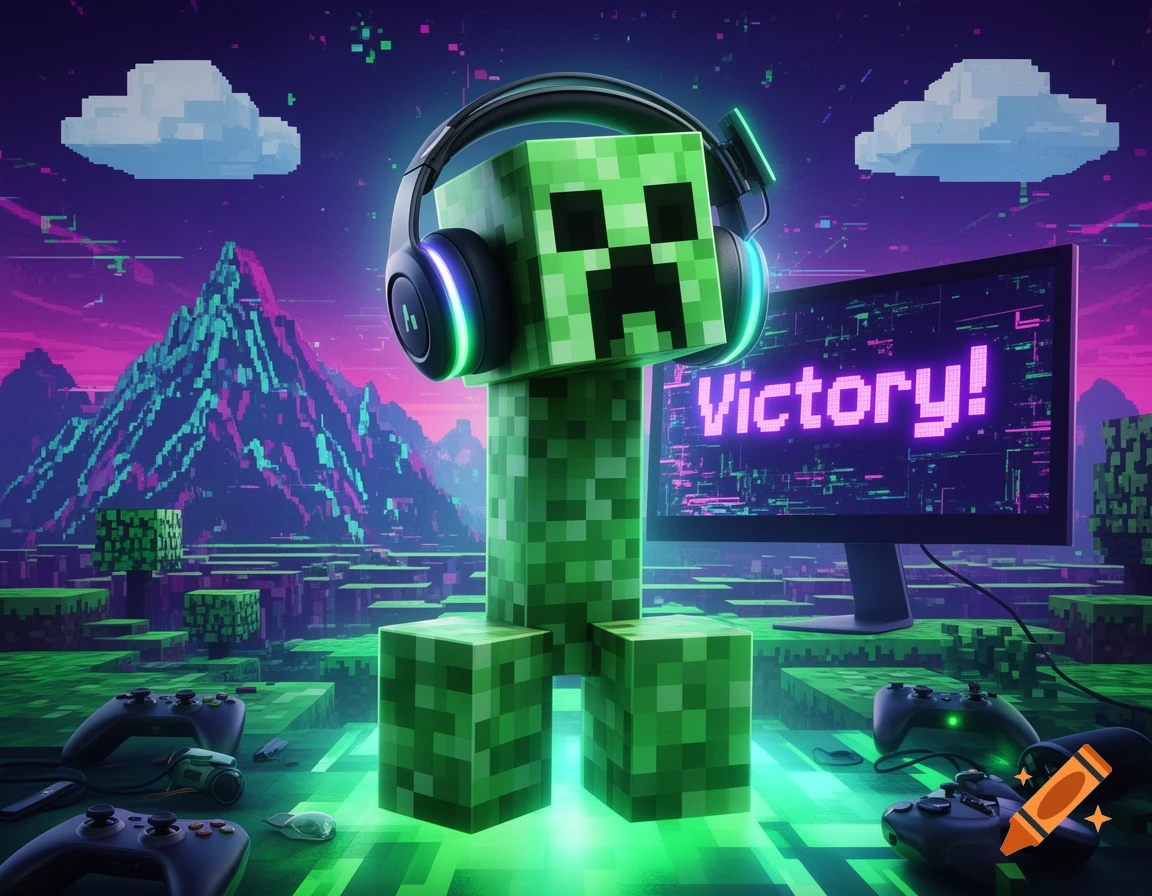 A Minecraft Creeper wearing a gaming headset stands in a vibrant pixelated landscape, with game controllers and a monitor displaying 'Victory!'