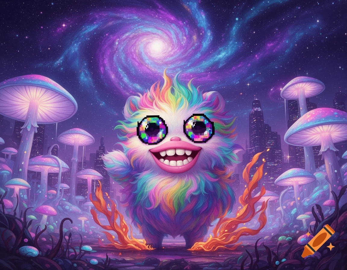A smiling, fluffy rainbow creature with pixel eyes in a psychedelic landscape with glowing mushrooms, a city, and a vibrant galaxy.