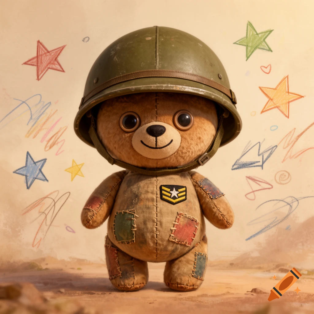A cute, vintage-style teddy bear wearing a military helmet and a patched uniform, standing on sandy ground with colorful crayon drawings in the background.