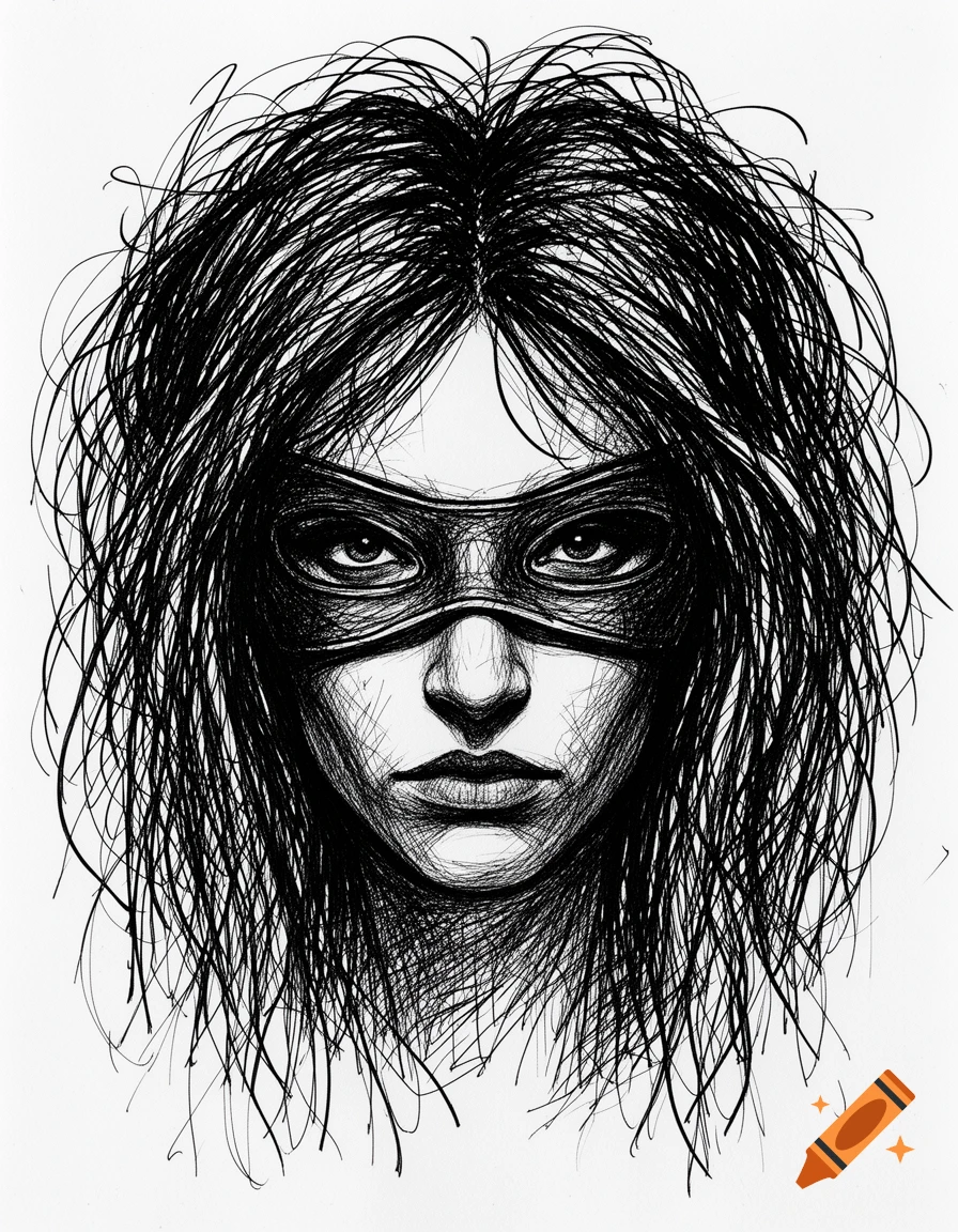Raw black ink sketch portrait of a masked woman with messy hair, an intense gaze, and a serious expression, in a chaotic outsider art style.