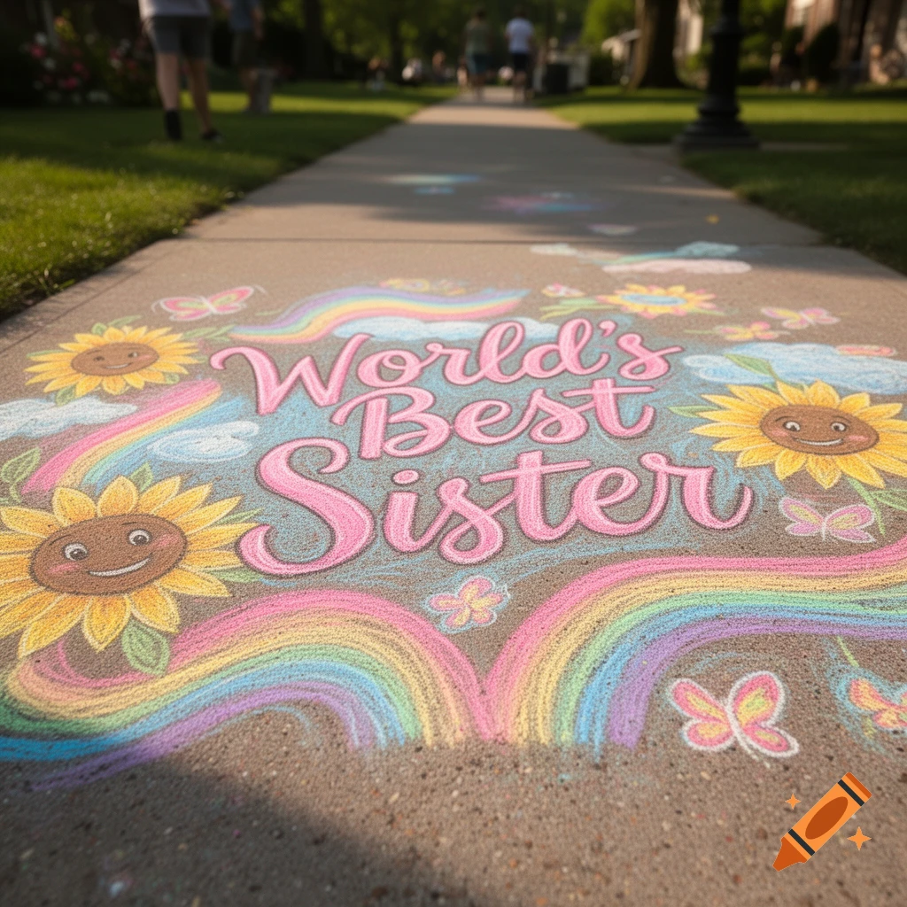Colorful chalk art on a sidewalk reads 'World's Best Sister' surrounded by sunflowers, rainbows, and butterflies.