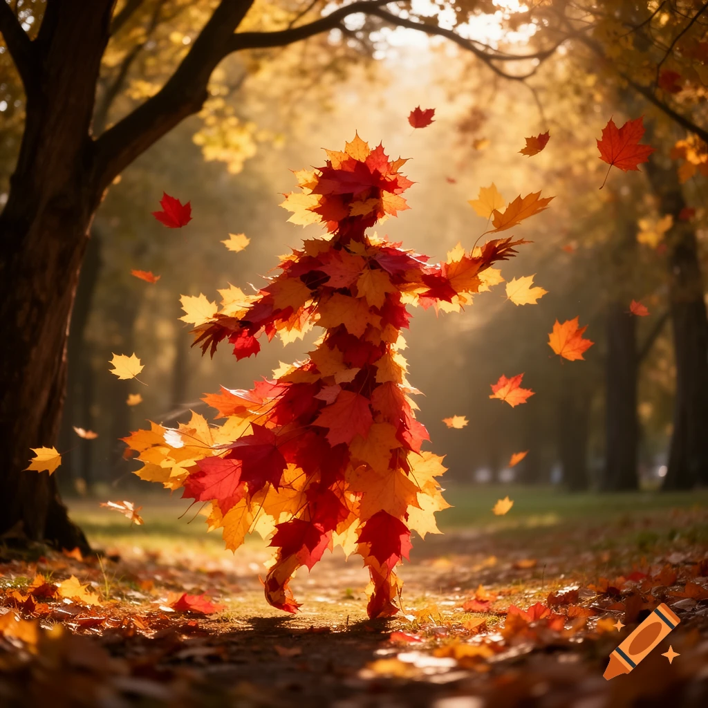 A whimsical figure made of vibrant red and yellow autumn leaves stands in a sunlit park as more leaves fall around it.