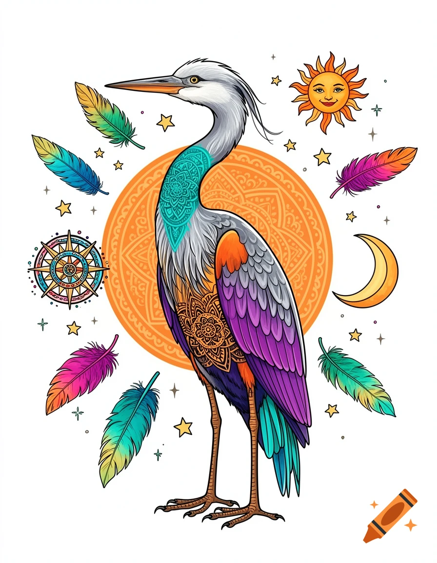 Vibrant bohemian illustration of a blue heron with rainbow feathers and mandalas, surrounded by sun, moon, stars, and floating feathers.