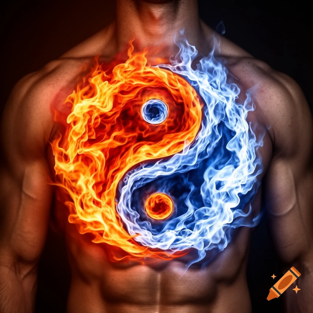 A bare-chested muscular man with a vivid Yin and Yang symbol made of orange and blue flames on his chest.
