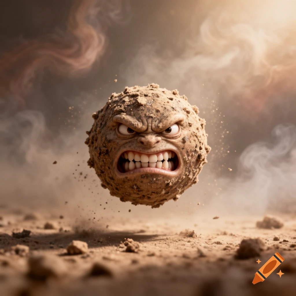 An angry, anthropomorphic dirt clod with a grimacing face and sharp teeth floats above a dusty ground, surrounded by swirling dust.