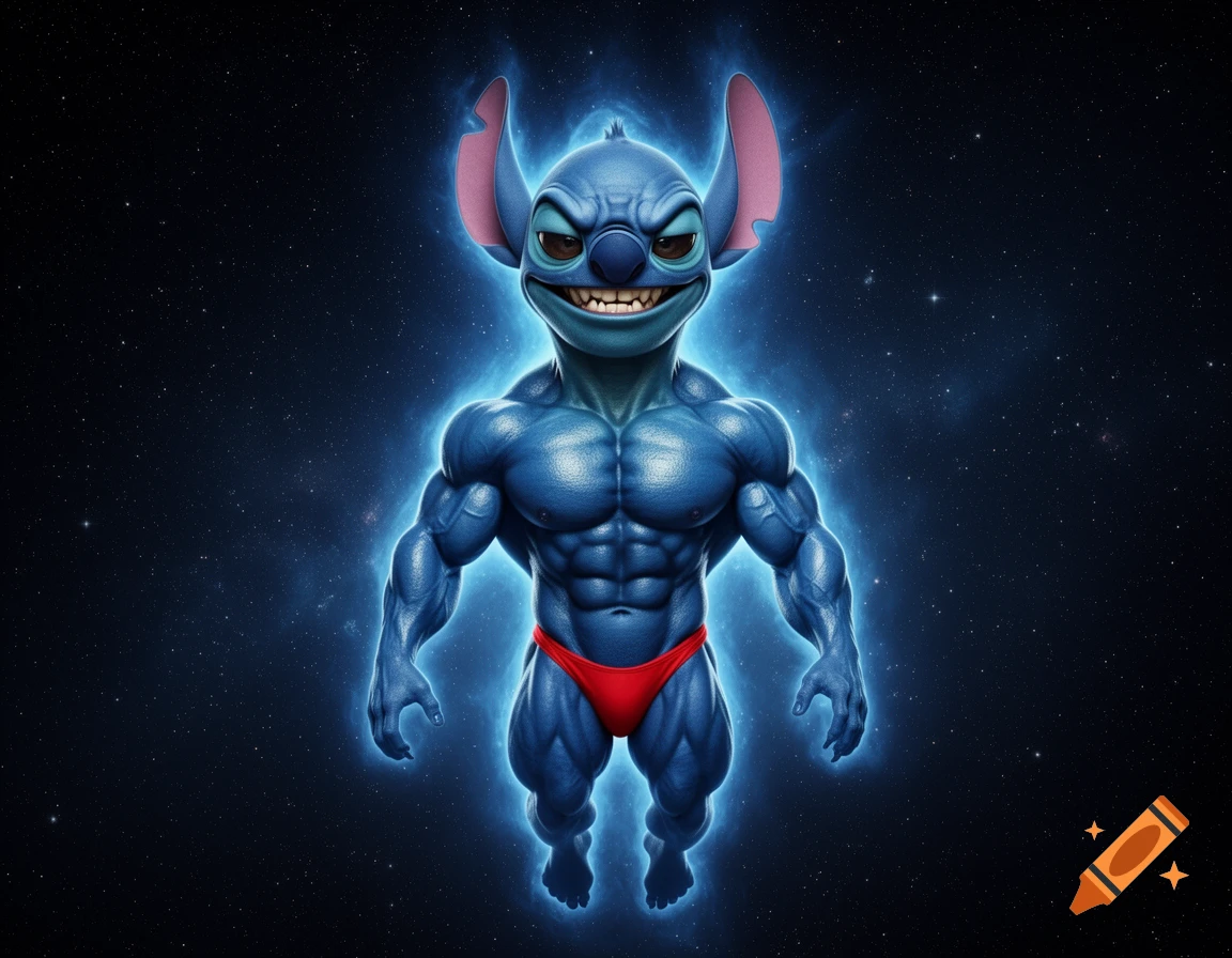 Hyper-realistic muscular Stitch in a red thong floats in space with a blue aura, a furrowed brow, and an arrogant smile.