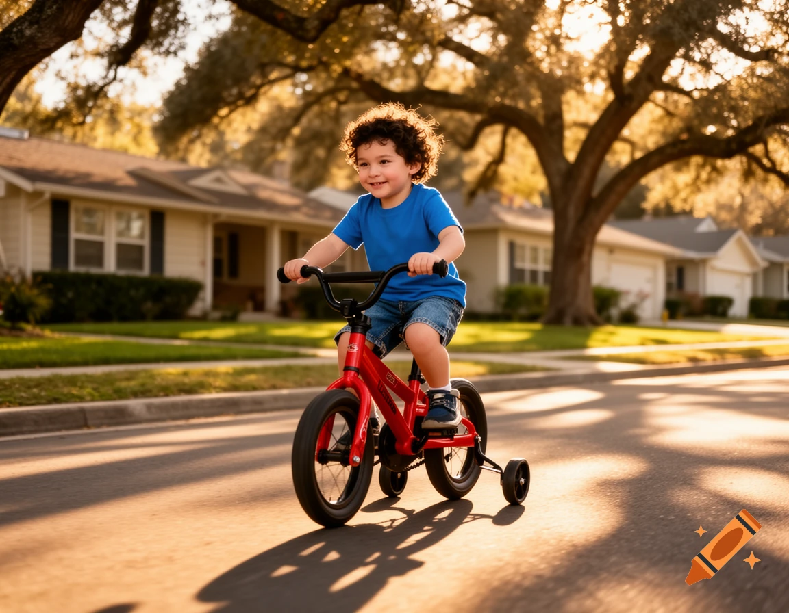 A smiling little boy with curly hair rides a red bicycle with training wheels down a sunlit suburban street.