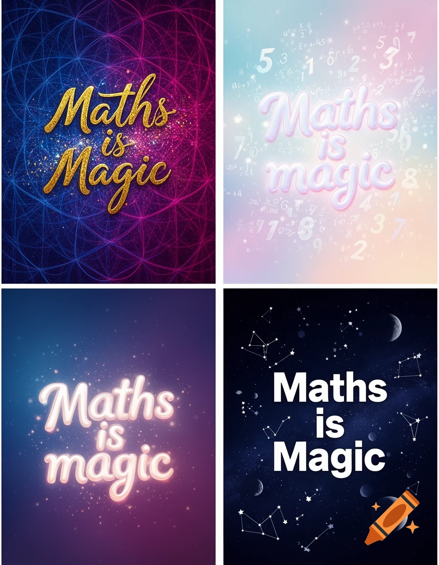 Four posters with the phrase 'Maths is Magic' in diverse styles: glitter on abstract patterns, puffy on math symbols, glowing on sparkles, and bold on space constellations.