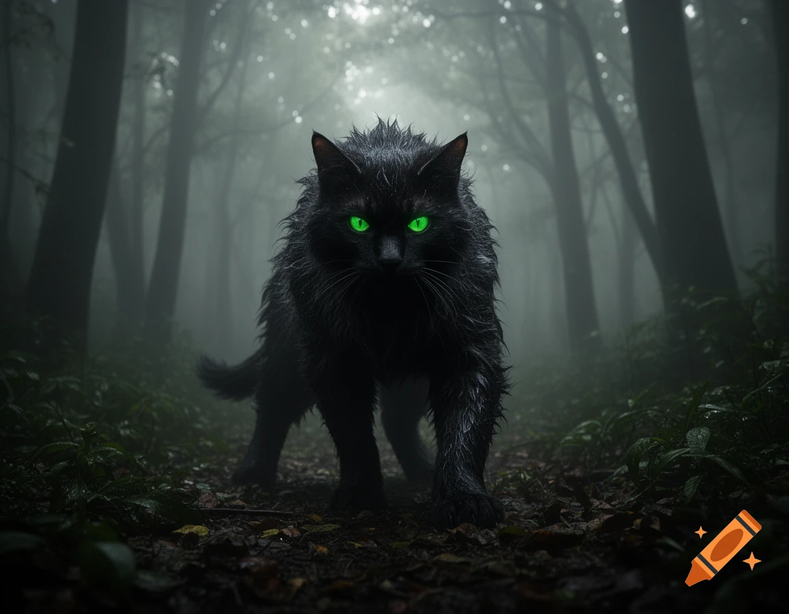 A large, shaggy black cat with glowing green eyes walks forward on a path in a dark, misty forest, photorealistic.