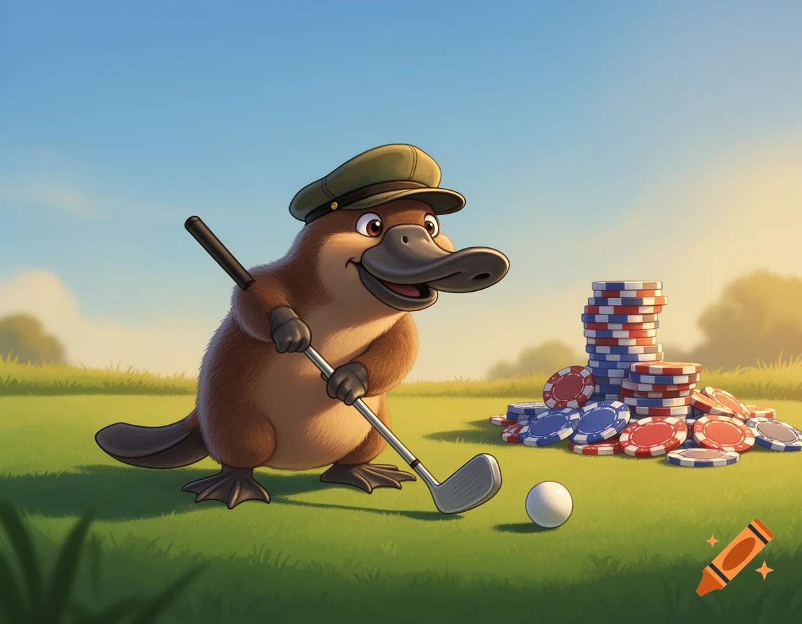 A smiling cartoon platypus wearing a cap and holding a golf club on a green golf course, with poker chips stacked in the background.
