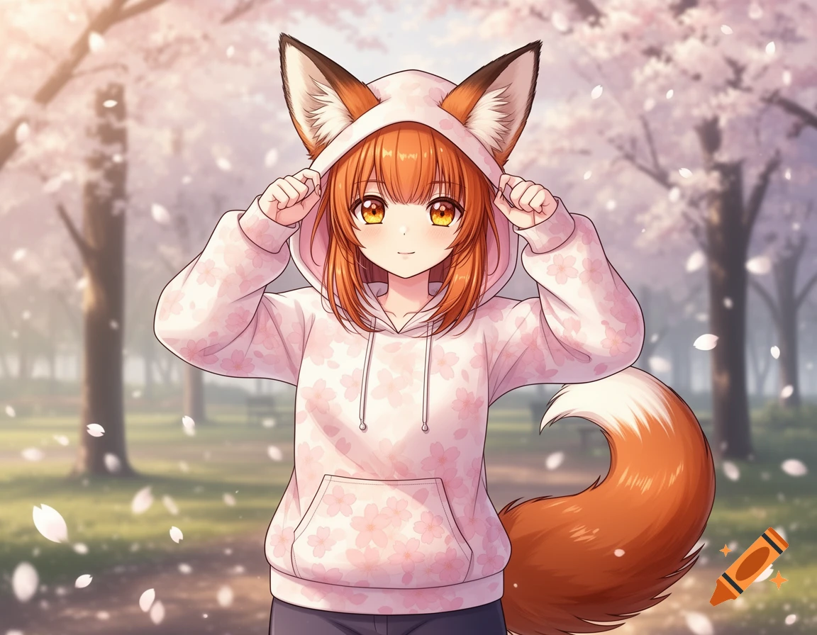 An anime fox girl with orange hair and fox ears smiles, wearing a pink hoodie with cherry blossoms in a park.