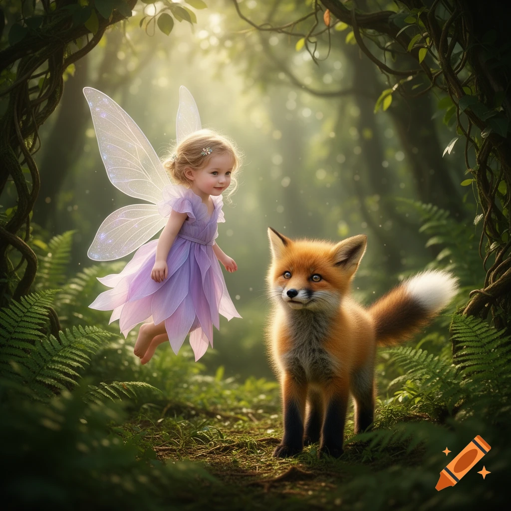 A cute fairy with shimmering wings floats beside an adorable baby fox in a magical, sunlit forest.