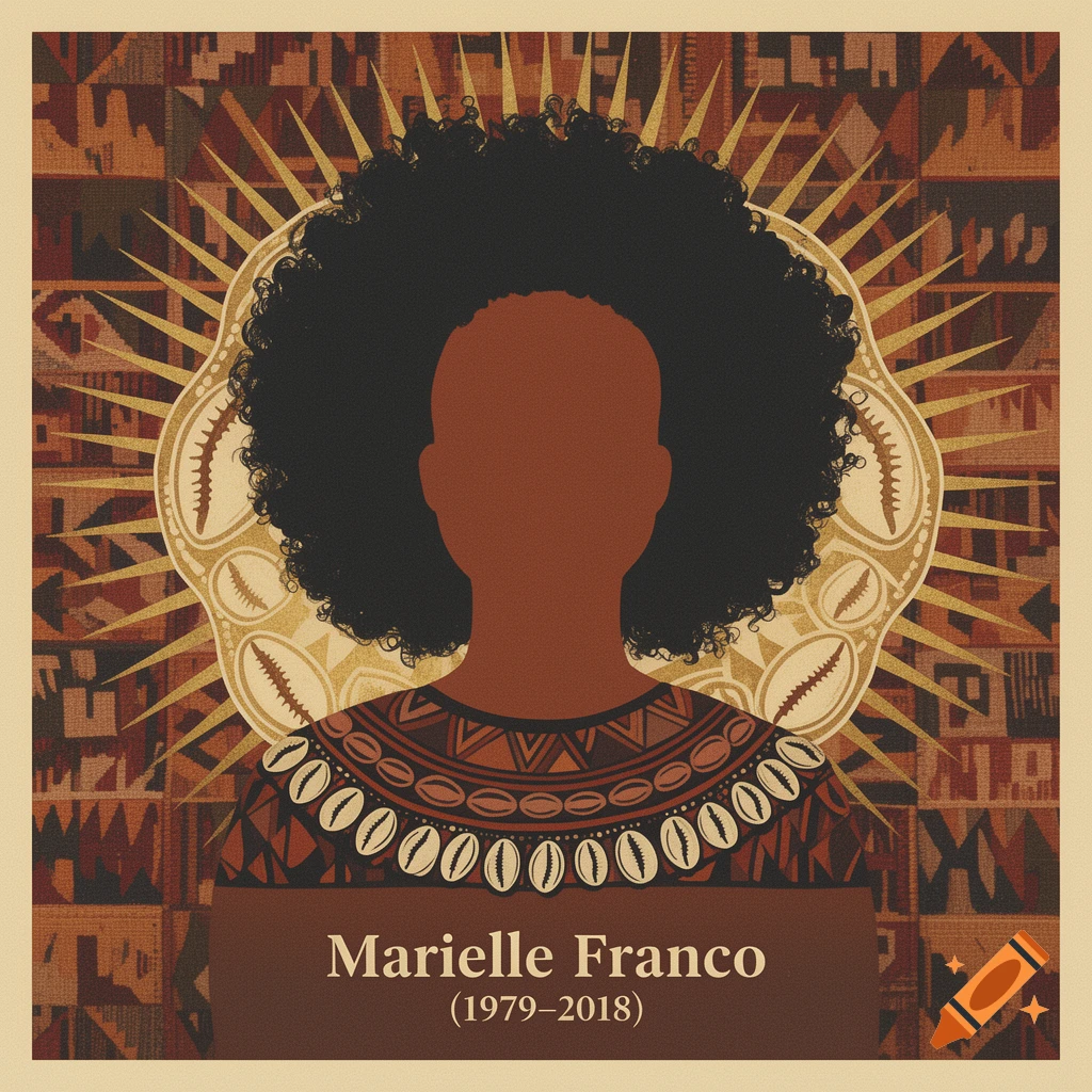 Graphic poster of a silhouette with an afro against a sunburst and patterned background, with the text 'Marielle Franco (1979 G20132018)'.